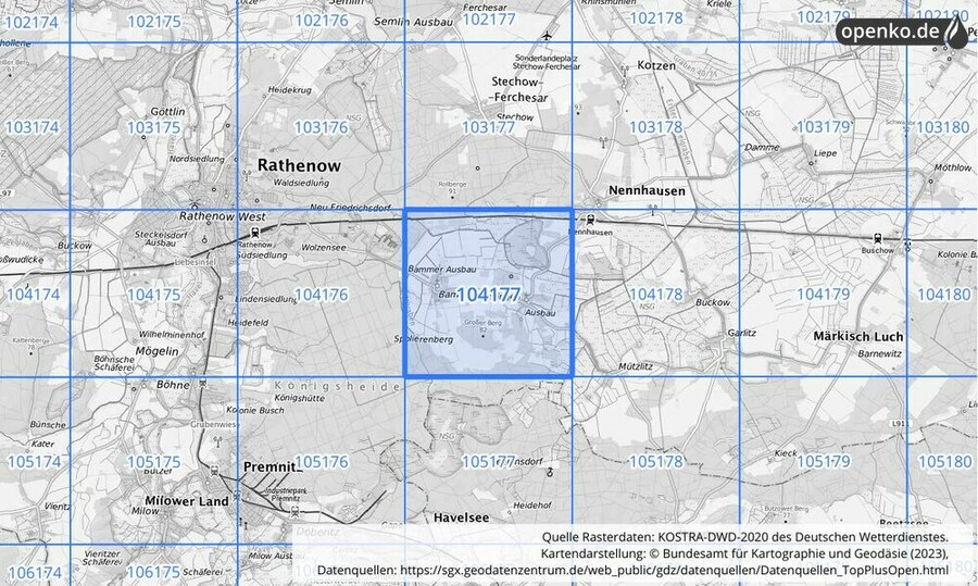 Übersichtskarte des KOSTRA-DWD-2020-Rasterfeldes Nr. 104177