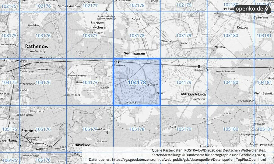 Übersichtskarte des KOSTRA-DWD-2020-Rasterfeldes Nr. 104178