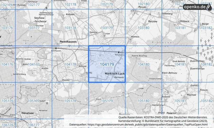 Übersichtskarte des KOSTRA-DWD-2020-Rasterfeldes Nr. 104179