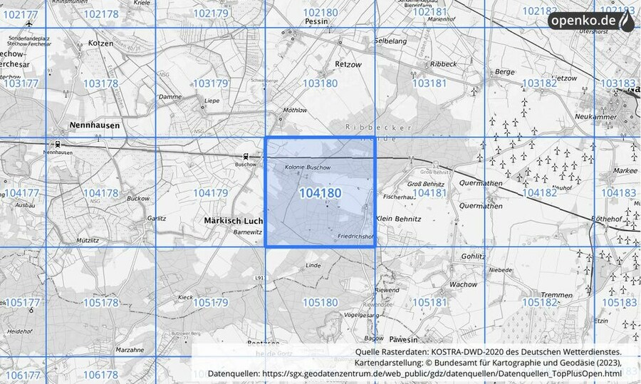 Übersichtskarte des KOSTRA-DWD-2020-Rasterfeldes Nr. 104180