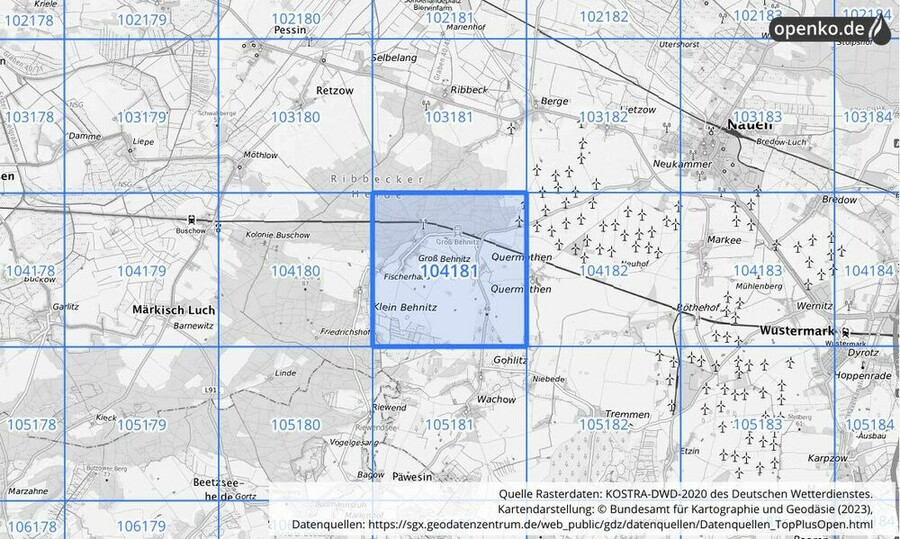 Übersichtskarte des KOSTRA-DWD-2020-Rasterfeldes Nr. 104181