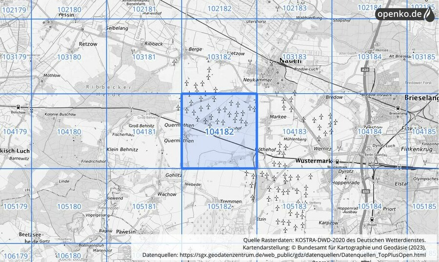 Übersichtskarte des KOSTRA-DWD-2020-Rasterfeldes Nr. 104182