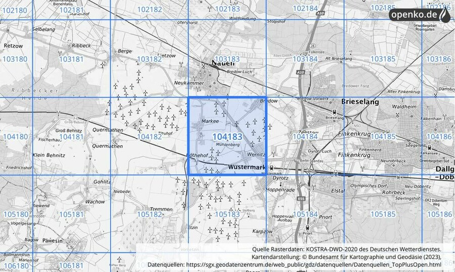 Übersichtskarte des KOSTRA-DWD-2020-Rasterfeldes Nr. 104183