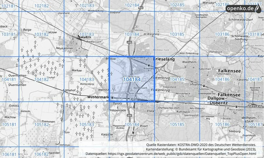 Übersichtskarte des KOSTRA-DWD-2020-Rasterfeldes Nr. 104184