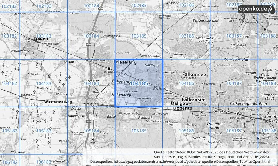 Übersichtskarte des KOSTRA-DWD-2020-Rasterfeldes Nr. 104185