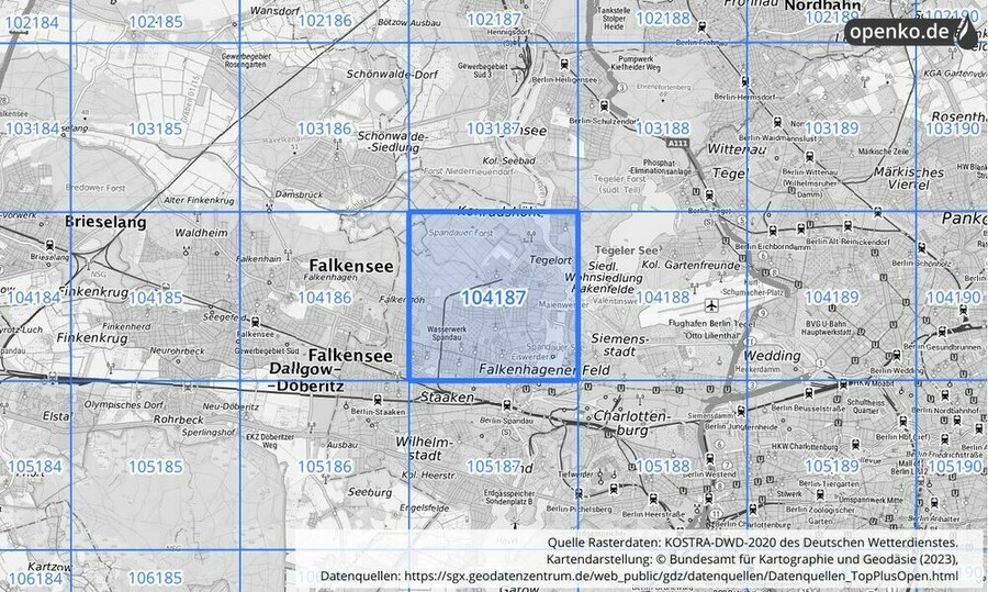 Übersichtskarte des KOSTRA-DWD-2020-Rasterfeldes Nr. 104187