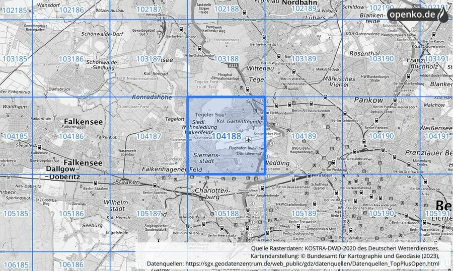 Übersichtskarte des KOSTRA-DWD-2020-Rasterfeldes Nr. 104188