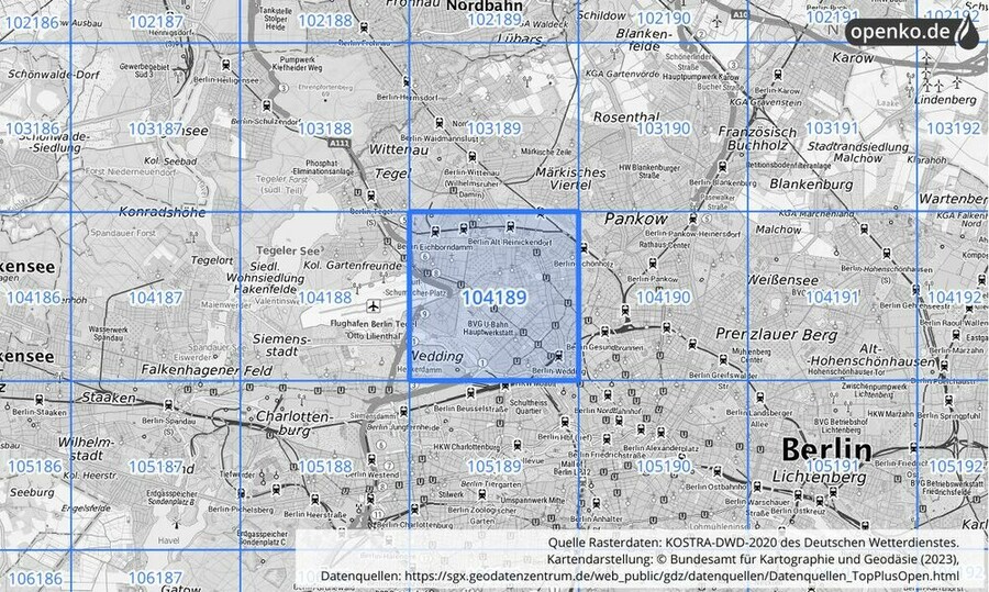 Übersichtskarte des KOSTRA-DWD-2020-Rasterfeldes Nr. 104189