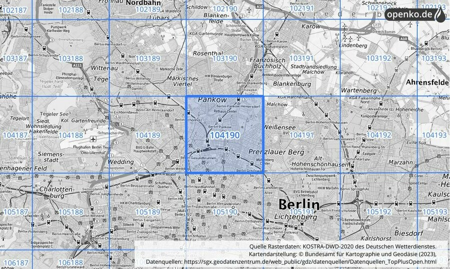 Übersichtskarte des KOSTRA-DWD-2020-Rasterfeldes Nr. 104190