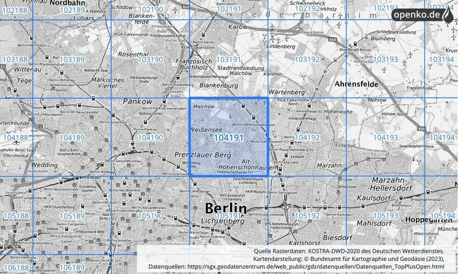 Übersichtskarte des KOSTRA-DWD-2020-Rasterfeldes Nr. 104191