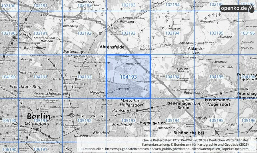 Übersichtskarte des KOSTRA-DWD-2020-Rasterfeldes Nr. 104193