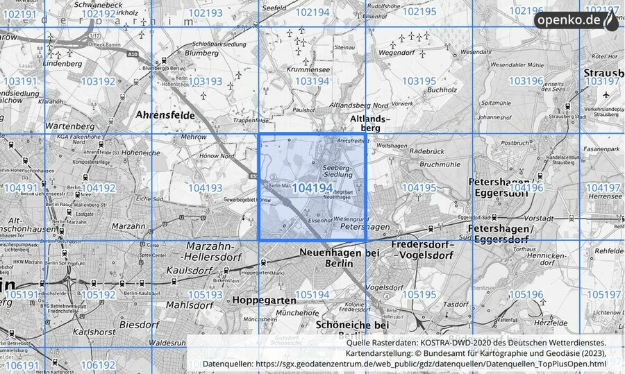 Übersichtskarte des KOSTRA-DWD-2020-Rasterfeldes Nr. 104194