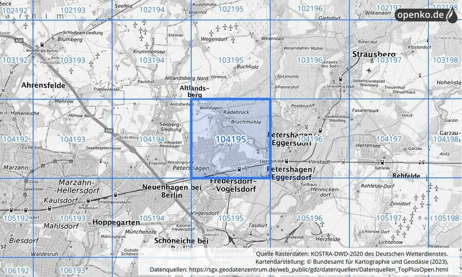 Übersichtskarte des KOSTRA-DWD-2020-Rasterfeldes Nr. 104195