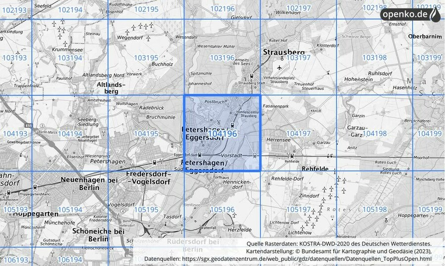 Übersichtskarte des KOSTRA-DWD-2020-Rasterfeldes Nr. 104196