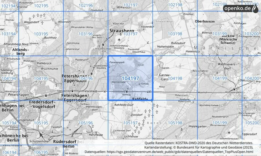 Übersichtskarte des KOSTRA-DWD-2020-Rasterfeldes Nr. 104197