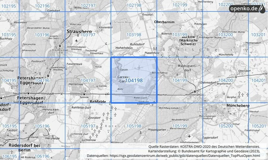 Übersichtskarte des KOSTRA-DWD-2020-Rasterfeldes Nr. 104198