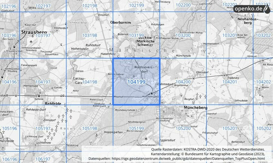 Übersichtskarte des KOSTRA-DWD-2020-Rasterfeldes Nr. 104199