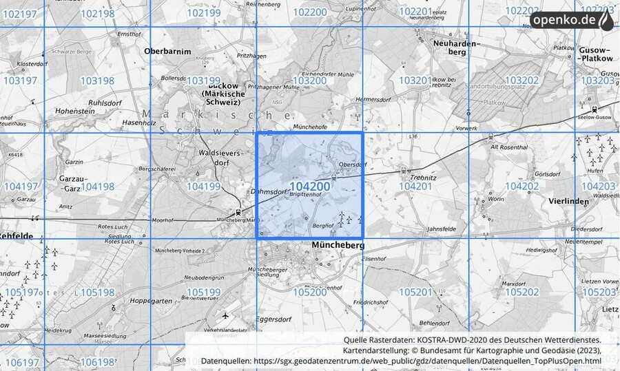 Übersichtskarte des KOSTRA-DWD-2020-Rasterfeldes Nr. 104200