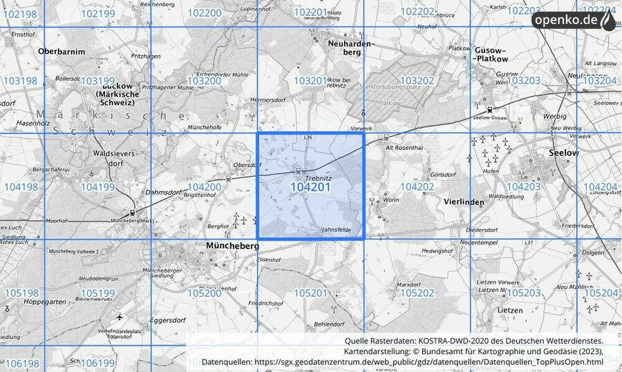 Übersichtskarte des KOSTRA-DWD-2020-Rasterfeldes Nr. 104201