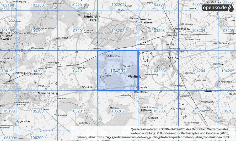 Übersichtskarte des KOSTRA-DWD-2020-Rasterfeldes Nr. 104202