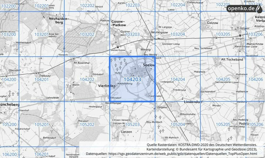 Übersichtskarte des KOSTRA-DWD-2020-Rasterfeldes Nr. 104203