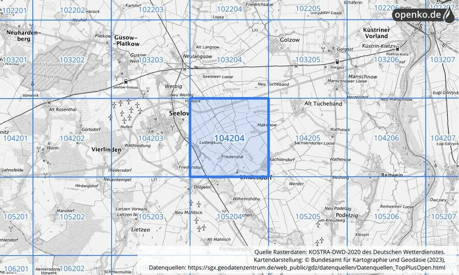 Übersichtskarte des KOSTRA-DWD-2020-Rasterfeldes Nr. 104204