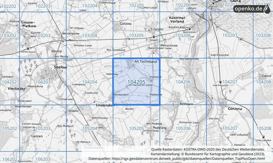 Übersichtskarte des KOSTRA-DWD-2020-Rasterfeldes Nr. 104205