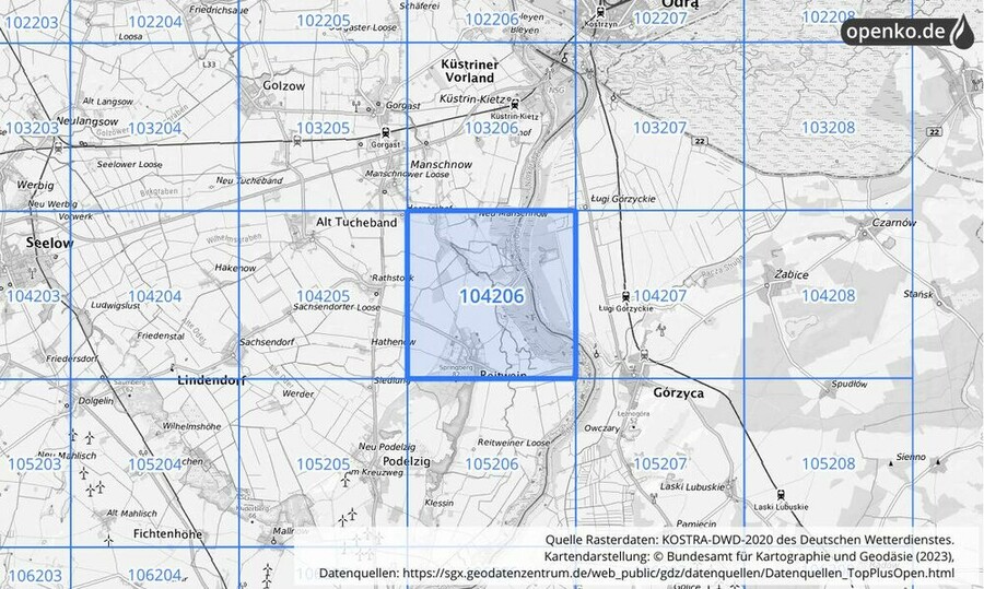 Übersichtskarte des KOSTRA-DWD-2020-Rasterfeldes Nr. 104206