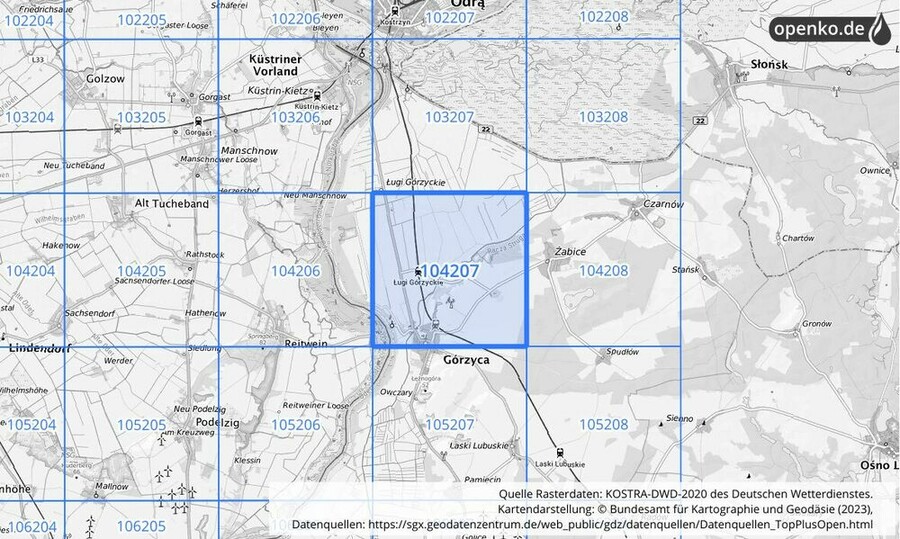 Übersichtskarte des KOSTRA-DWD-2020-Rasterfeldes Nr. 104207