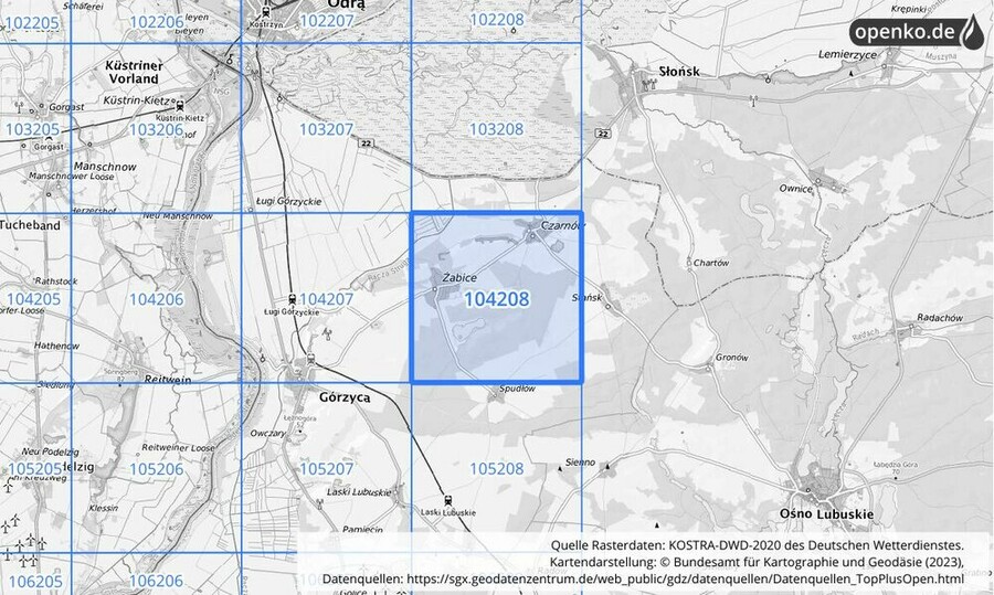 Übersichtskarte des KOSTRA-DWD-2020-Rasterfeldes Nr. 104208