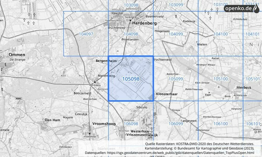 Übersichtskarte des KOSTRA-DWD-2020-Rasterfeldes Nr. 105098