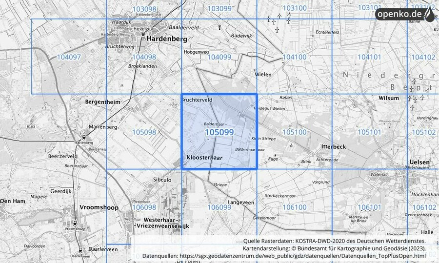 Übersichtskarte des KOSTRA-DWD-2020-Rasterfeldes Nr. 105099