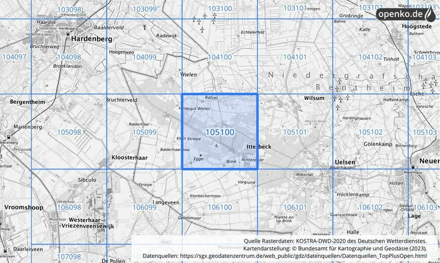 Übersichtskarte des KOSTRA-DWD-2020-Rasterfeldes Nr. 105100