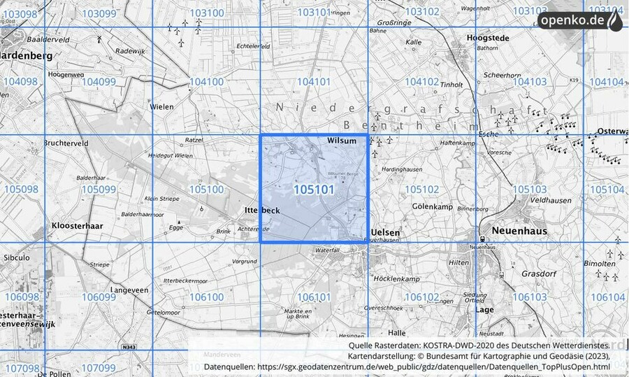 Übersichtskarte des KOSTRA-DWD-2020-Rasterfeldes Nr. 105101