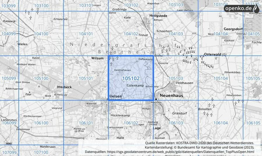 Übersichtskarte des KOSTRA-DWD-2020-Rasterfeldes Nr. 105102