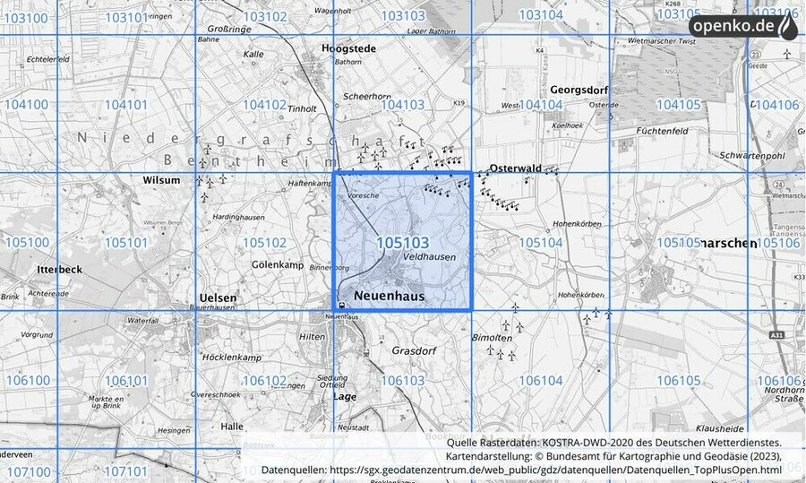 Übersichtskarte des KOSTRA-DWD-2020-Rasterfeldes Nr. 105103