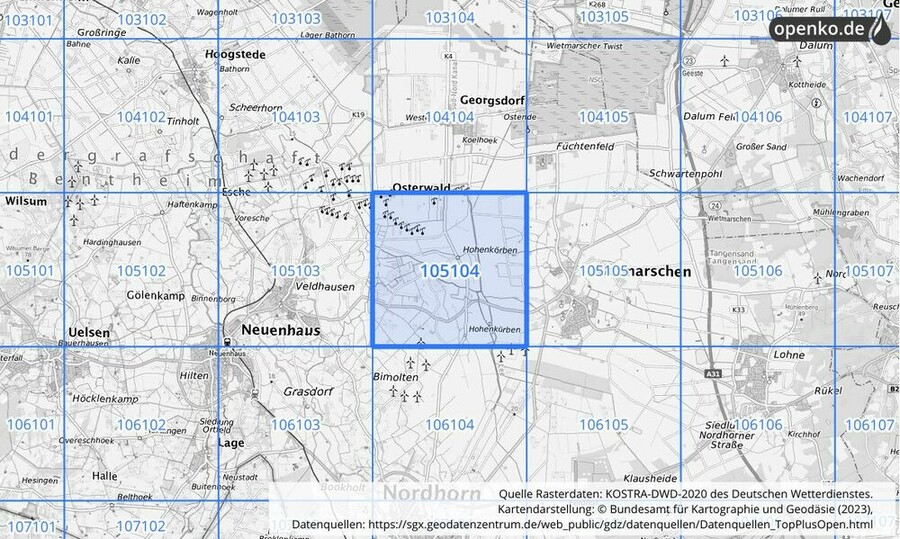 Übersichtskarte des KOSTRA-DWD-2020-Rasterfeldes Nr. 105104