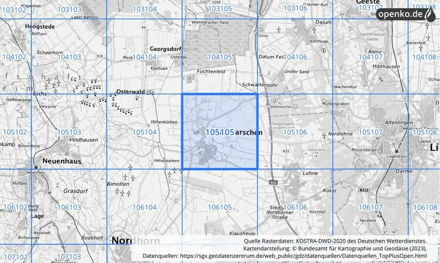 Übersichtskarte des KOSTRA-DWD-2020-Rasterfeldes Nr. 105105