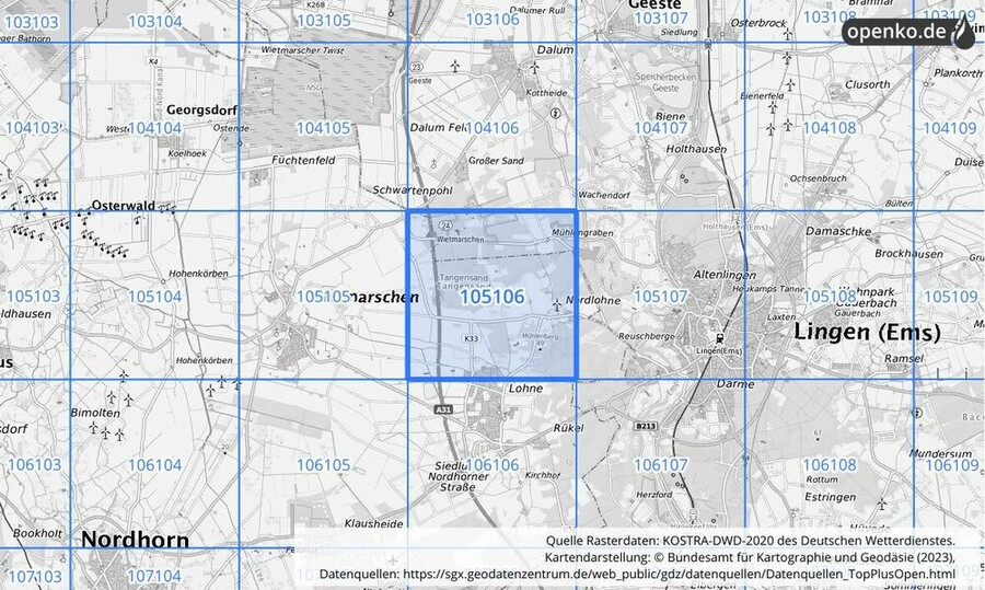 Übersichtskarte des KOSTRA-DWD-2020-Rasterfeldes Nr. 105106