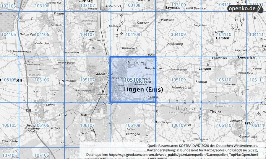 Übersichtskarte des KOSTRA-DWD-2020-Rasterfeldes Nr. 105108