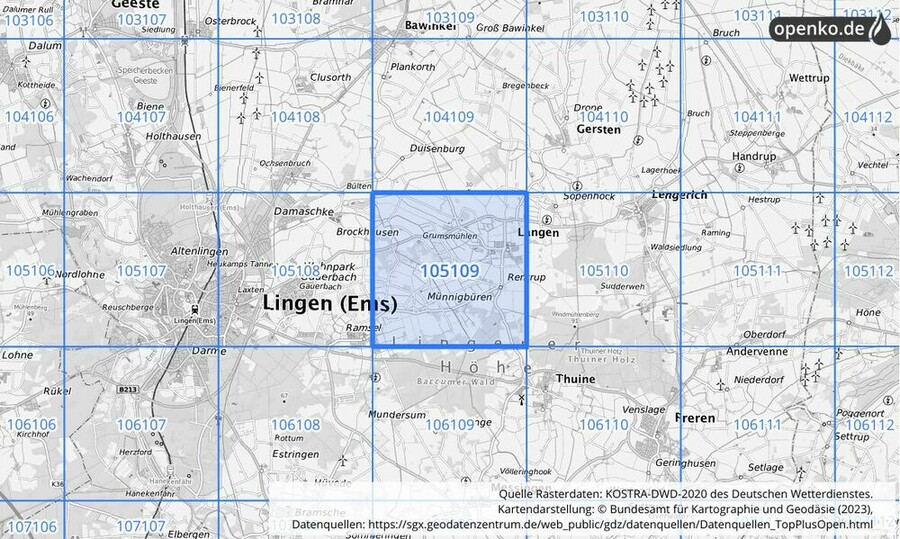 Übersichtskarte des KOSTRA-DWD-2020-Rasterfeldes Nr. 105109