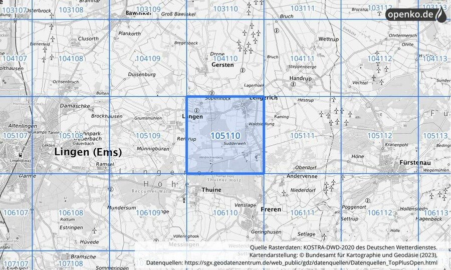 Übersichtskarte des KOSTRA-DWD-2020-Rasterfeldes Nr. 105110