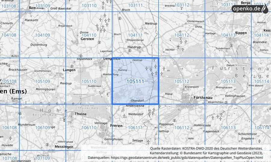 Übersichtskarte des KOSTRA-DWD-2020-Rasterfeldes Nr. 105111