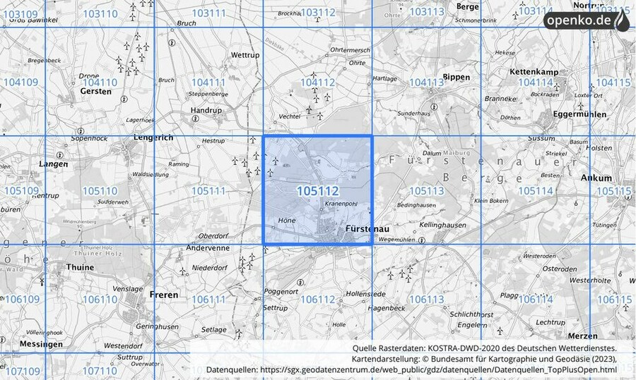 Übersichtskarte des KOSTRA-DWD-2020-Rasterfeldes Nr. 105112