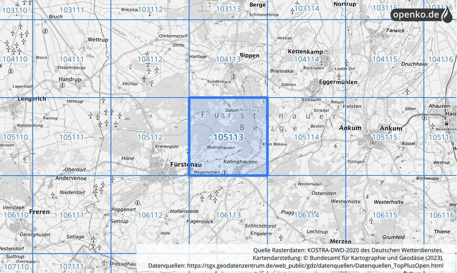 Übersichtskarte des KOSTRA-DWD-2020-Rasterfeldes Nr. 105113