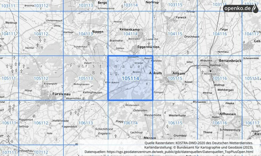 Übersichtskarte des KOSTRA-DWD-2020-Rasterfeldes Nr. 105114