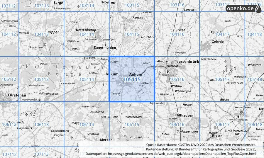 Übersichtskarte des KOSTRA-DWD-2020-Rasterfeldes Nr. 105115