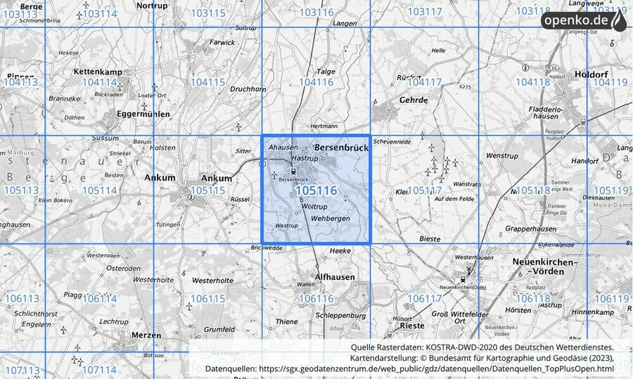 Übersichtskarte des KOSTRA-DWD-2020-Rasterfeldes Nr. 105116