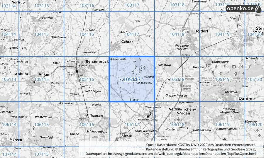 Übersichtskarte des KOSTRA-DWD-2020-Rasterfeldes Nr. 105117