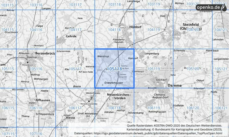 Übersichtskarte des KOSTRA-DWD-2020-Rasterfeldes Nr. 105118